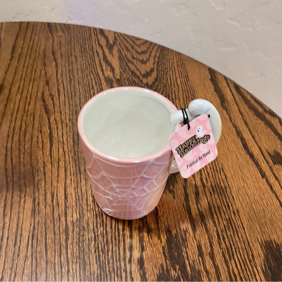 Hand Painted Pink Spider Web Halloween Mug with Ghost Handle - Picture 5 of 5